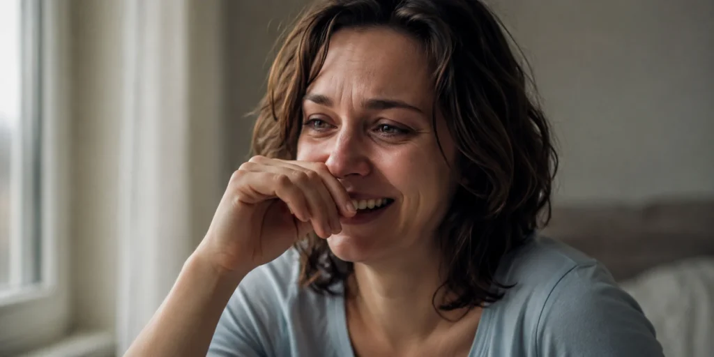 Person with a labile mood mid-expression between laughing and crying, illustrating rapid emotional shifts