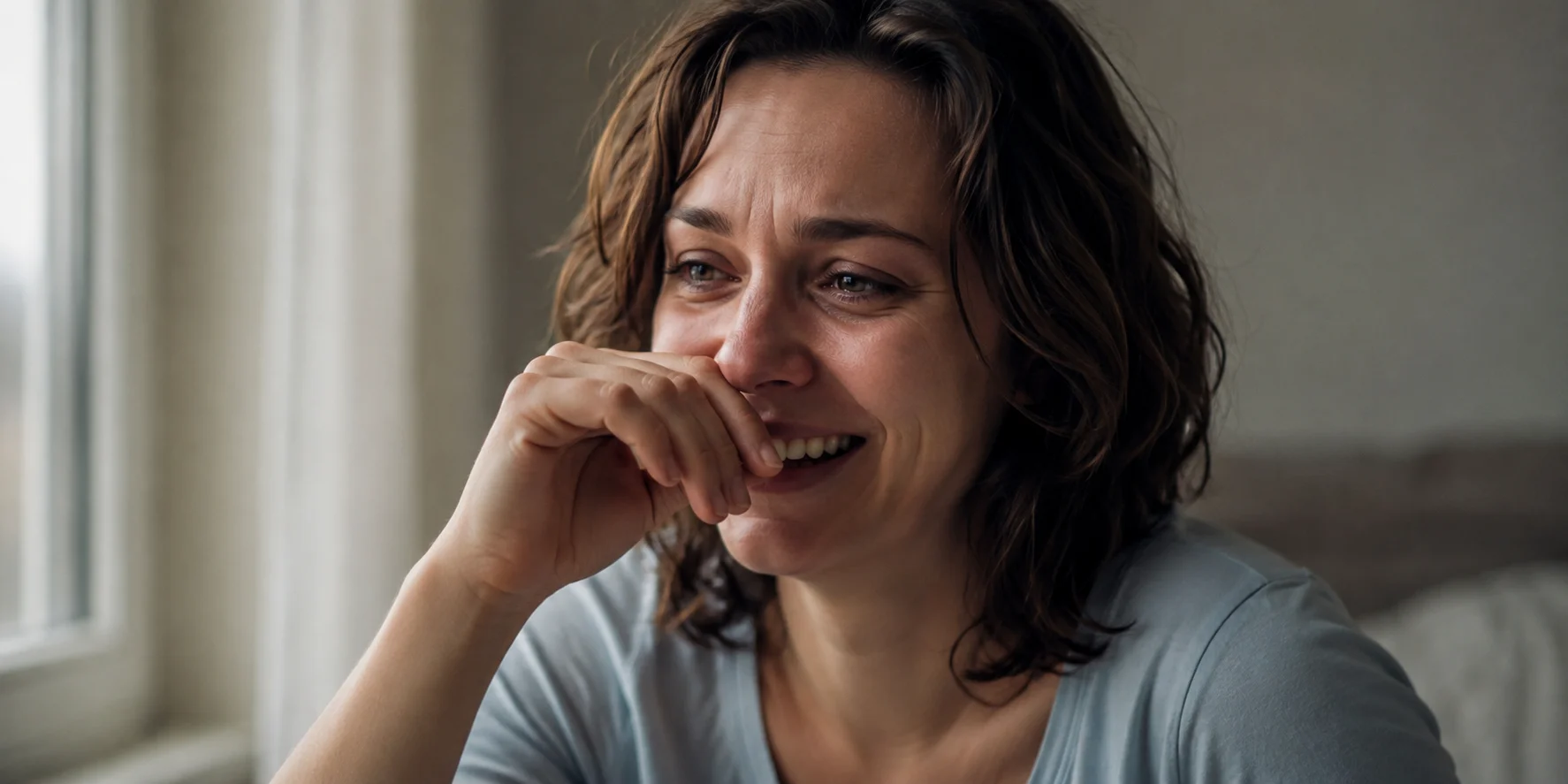 Person with a labile mood mid-expression between laughing and crying, illustrating rapid emotional shifts
