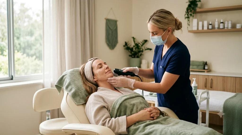 Esthetician performing a HIFU facial treatment on a client at Marilene's Day Spa in Somerville