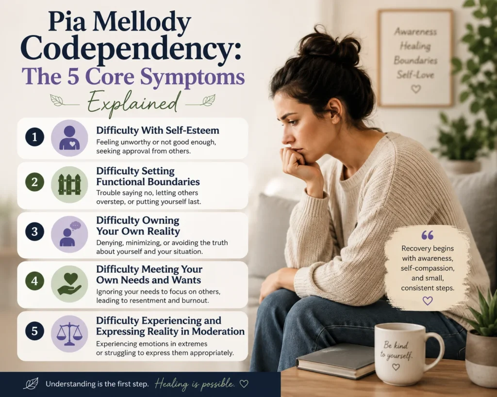 Diagram of Pia Mellody codependency model listing the five core symptoms: self-esteem, boundaries, reality, needs, and moderation