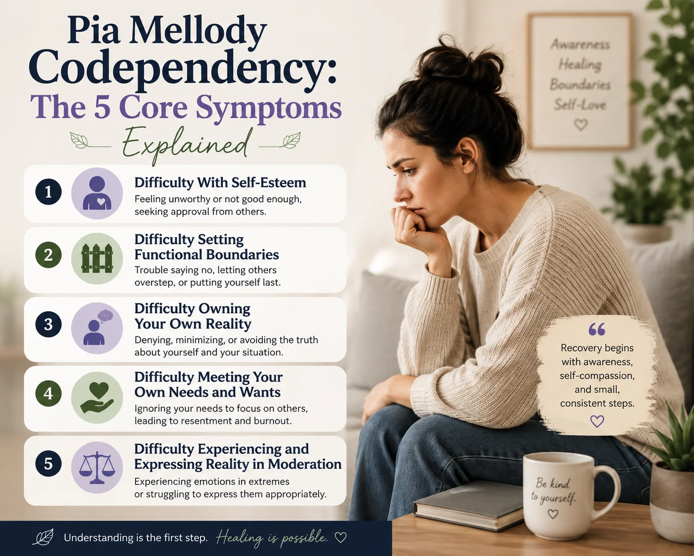 Diagram of Pia Mellody codependency model listing the five core symptoms: self-esteem, boundaries, reality, needs, and moderation