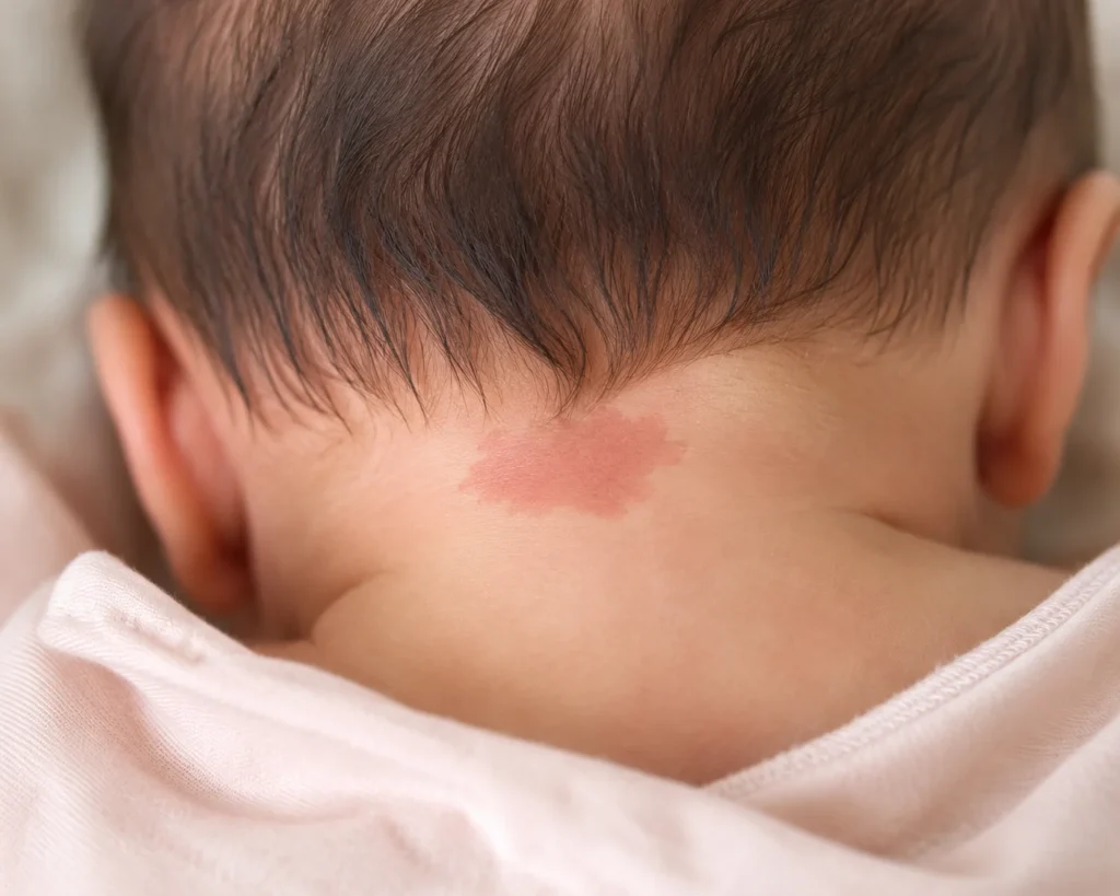 Simple illustration showing the back of a newborn's head and neck with a soft pink birthmark at the nape, the common location for a stork bite
