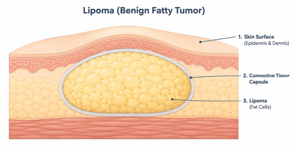 Cross-section diagram of a lipoma beneath the skin, illustrating non-surgical treatment options