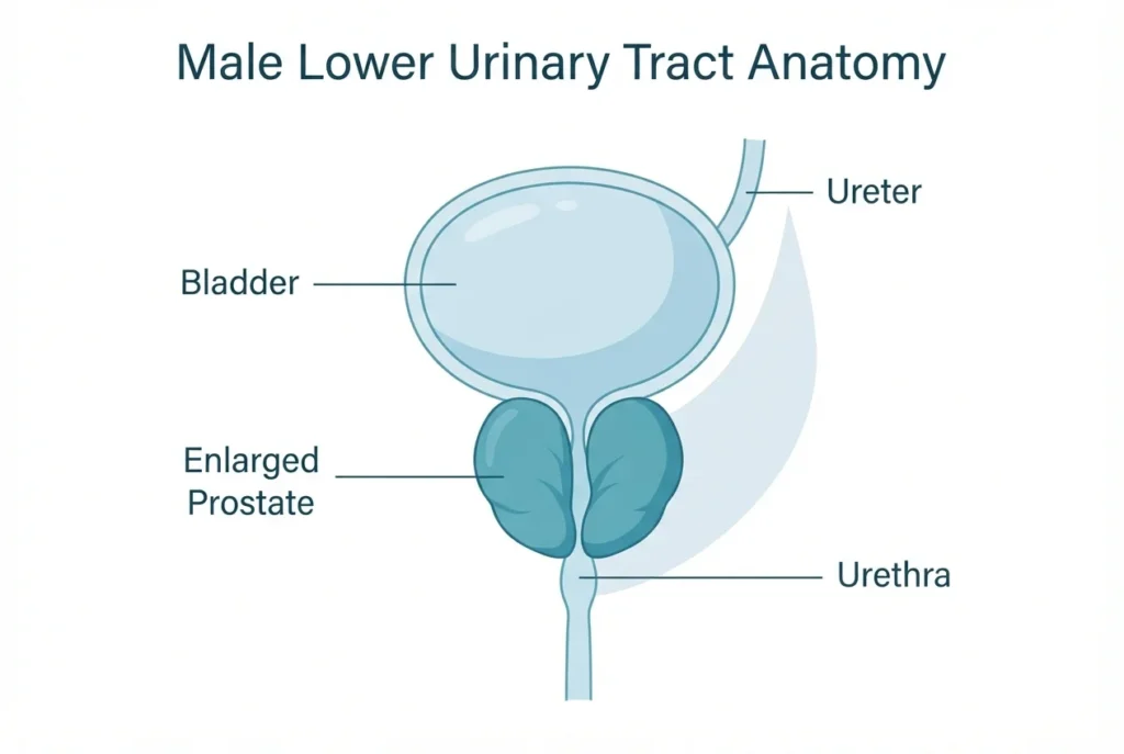 Diagram of the male lower urinary tract showing an enlarged prostate pressing on the urethra below the bladder