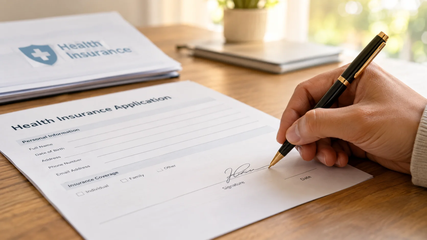 Close-up of a hand signing a health insurance application form with a pen, showing personal information and insurance coverage fields on a wooden desk