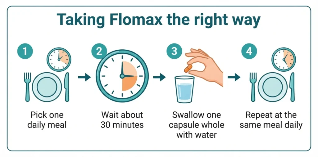 Four-step guide to taking Flomax: pick a daily meal, wait 30 minutes, swallow one capsule whole with water, repeat at the same meal daily