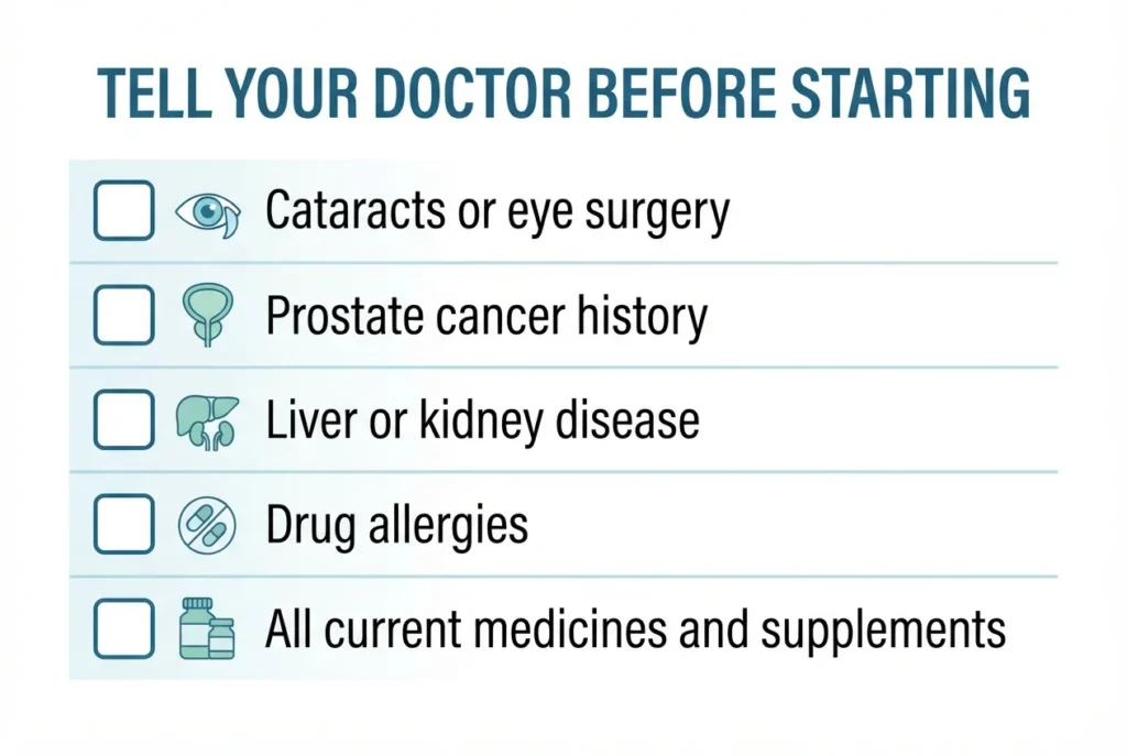 Checklist of what to tell your doctor before starting Flomax: cataracts or eye surgery, prostate cancer history, liver or kidney disease, drug allergies, and all current medicines and supplements