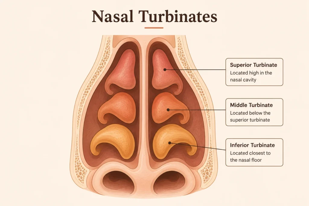 Nasal cross-section diagram showing the superior, middle, and inferior turbinates, with the inferior turbinate labeled as the turbinoplasty surgical target.