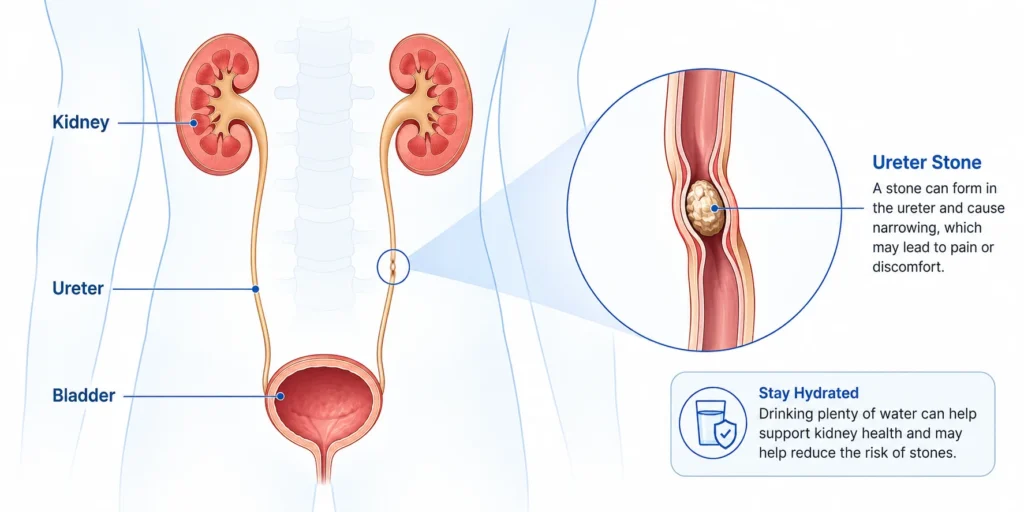 Diagram of the urinary system showing a 5mm kidney stone lodged in the ureter between the kidney and bladder