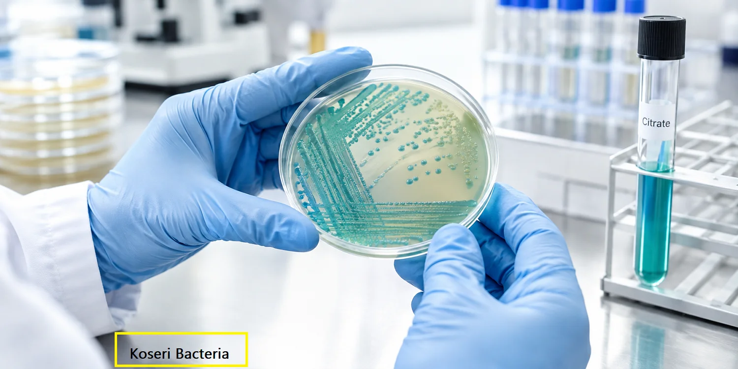 koseri bacteria: Gloved hands holding a petri dish with blue-green bacterial colony streaks next to a test tube labeled Citrate in a lab