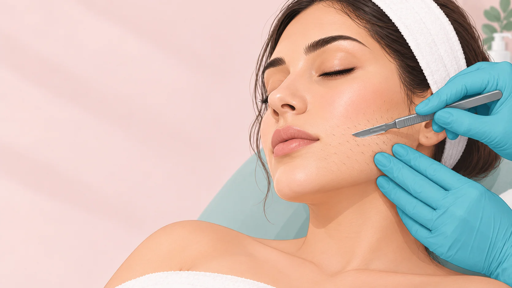 Illustration of a dermaplaning treatment showing a gloved hand holding a scalpel at an angle against a person’s cheek