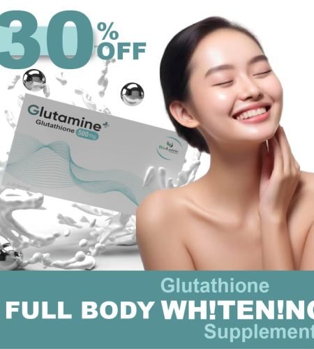 Woman showcasing radiant skin with glutathione whitening supplement product, 30% discount offer